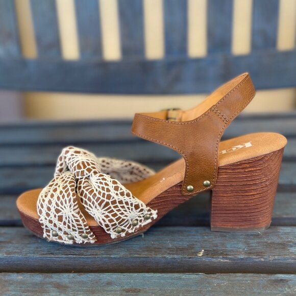 Korks-Ease Natalia Women’s Sandals 10 Brown Leather White Crochet Wooden Block H - Picture 8 of 13